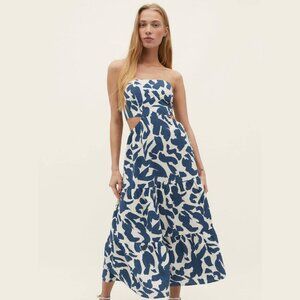 Stradivarius Boho Midi Dress M Blue White Strapless Cut Out